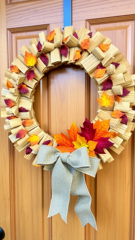 A decorative corn husk wreath with autumn leaves and burlap bow on a wooden door.